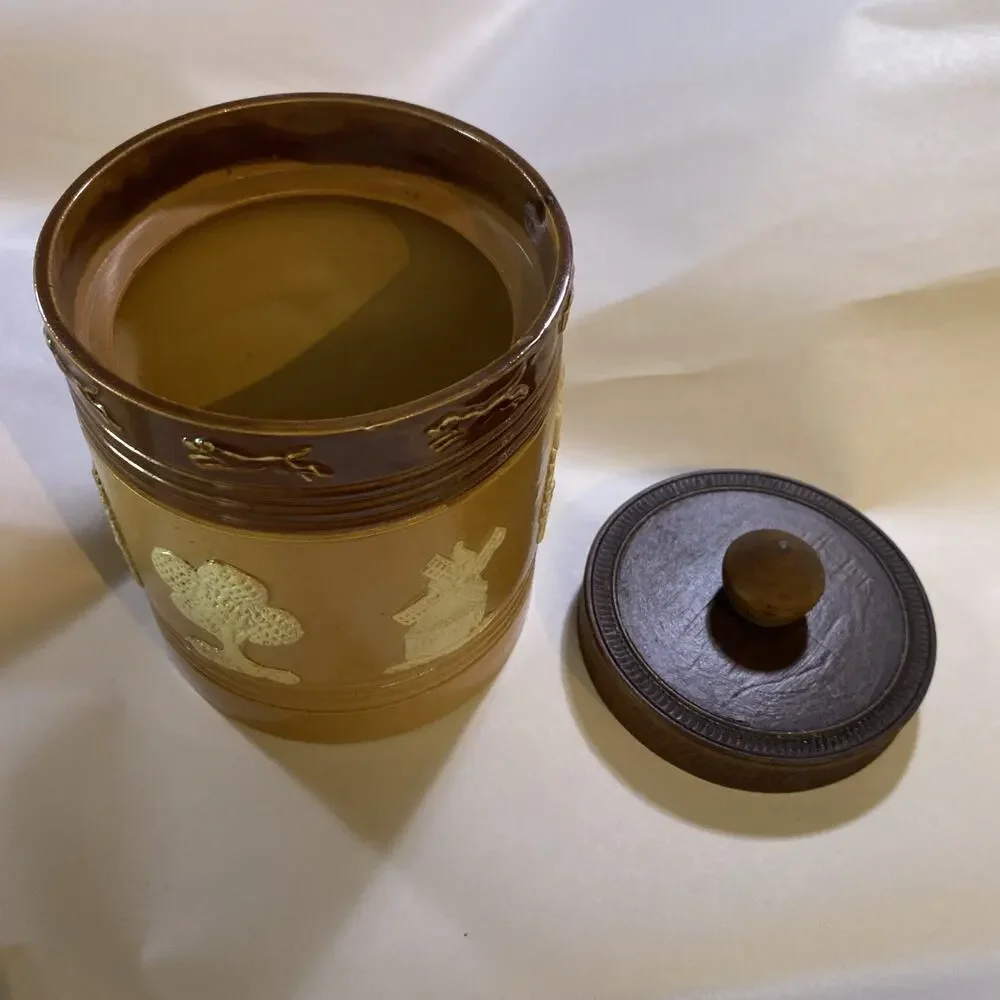 Antique Doulton Lambeth Pottery Stoneware Tobacco Jar Canister Barrel 4.75